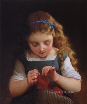  Fu Oil Painting - careful stitch Academic realism girl Emile Munier